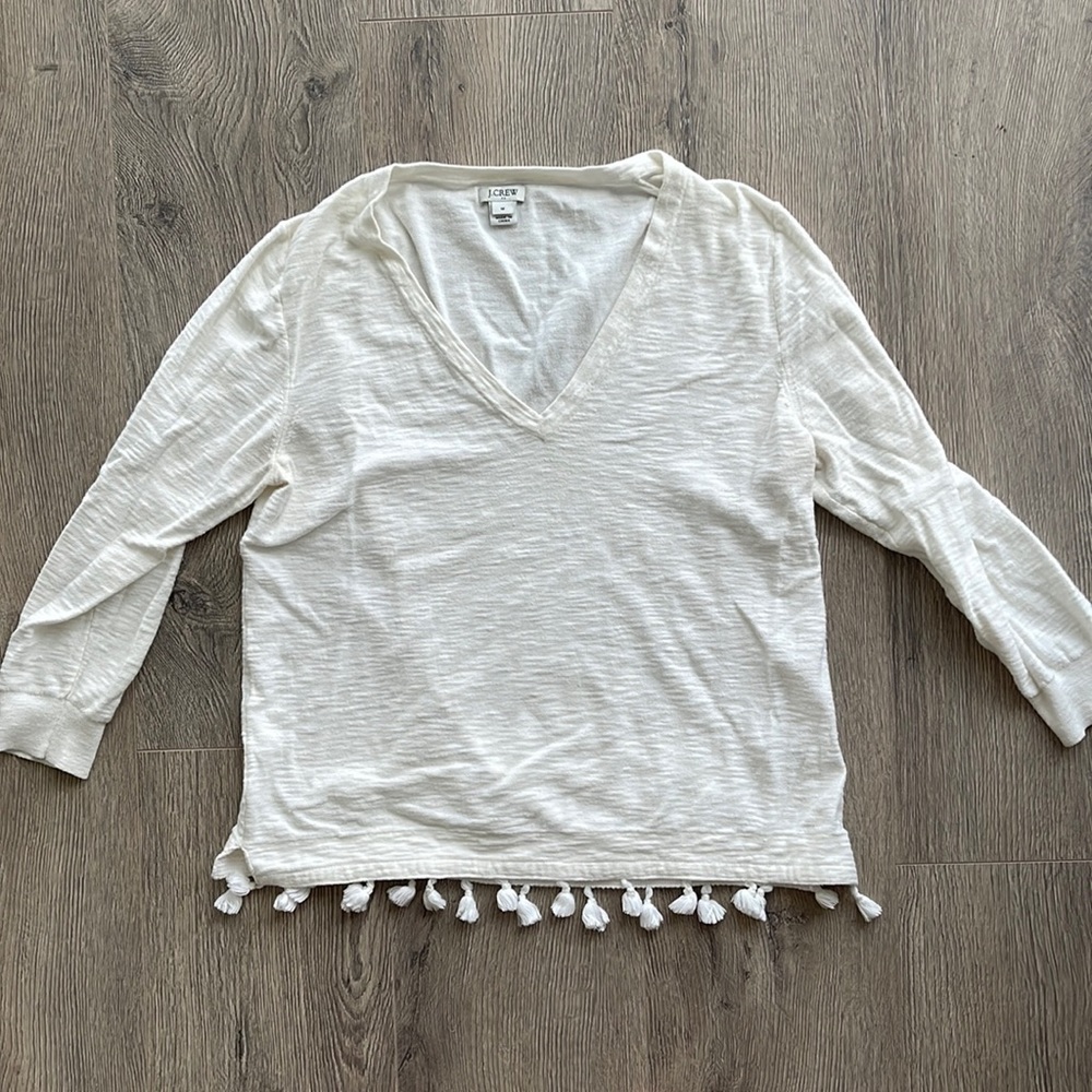 Women's JCrew White Long Quarter-sleeve Tasseled V-neck top